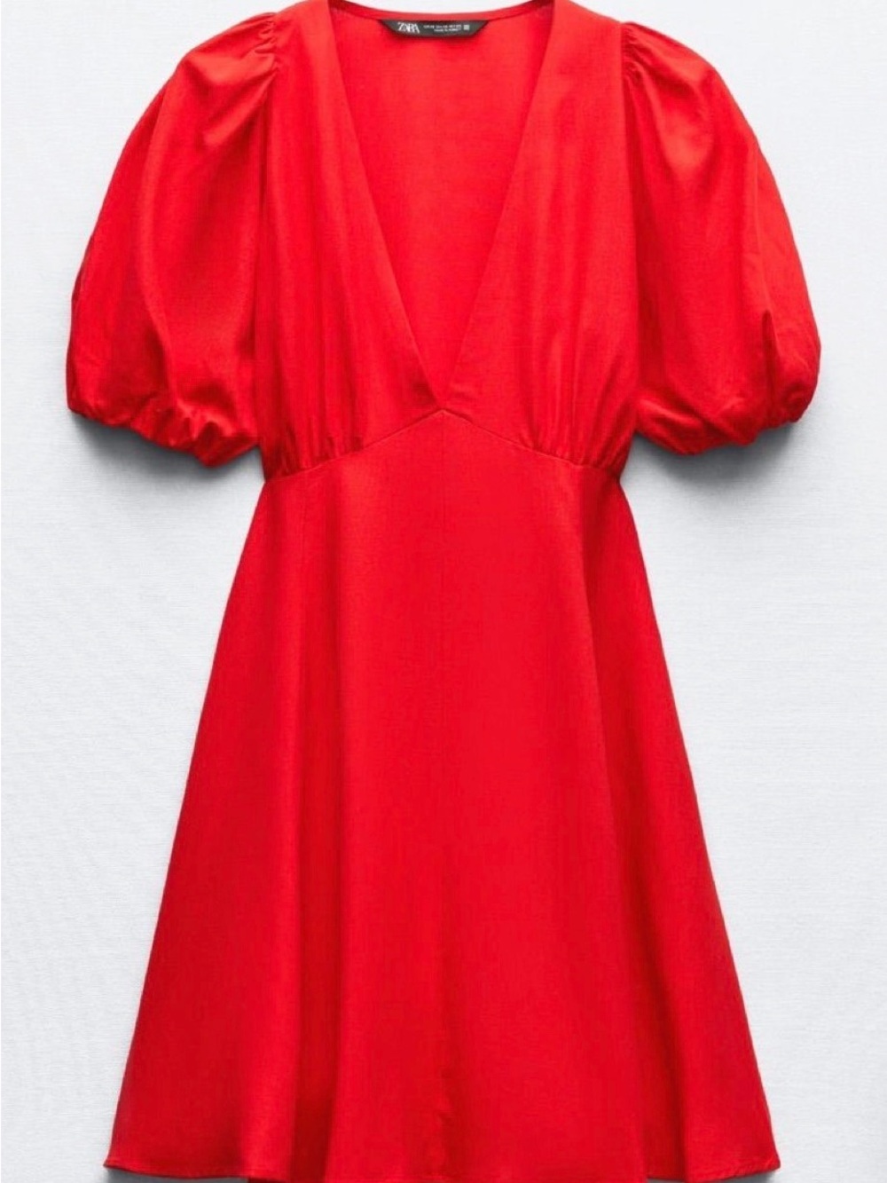 Zara Red V-Neck Puff Sleeve A-Line Dress